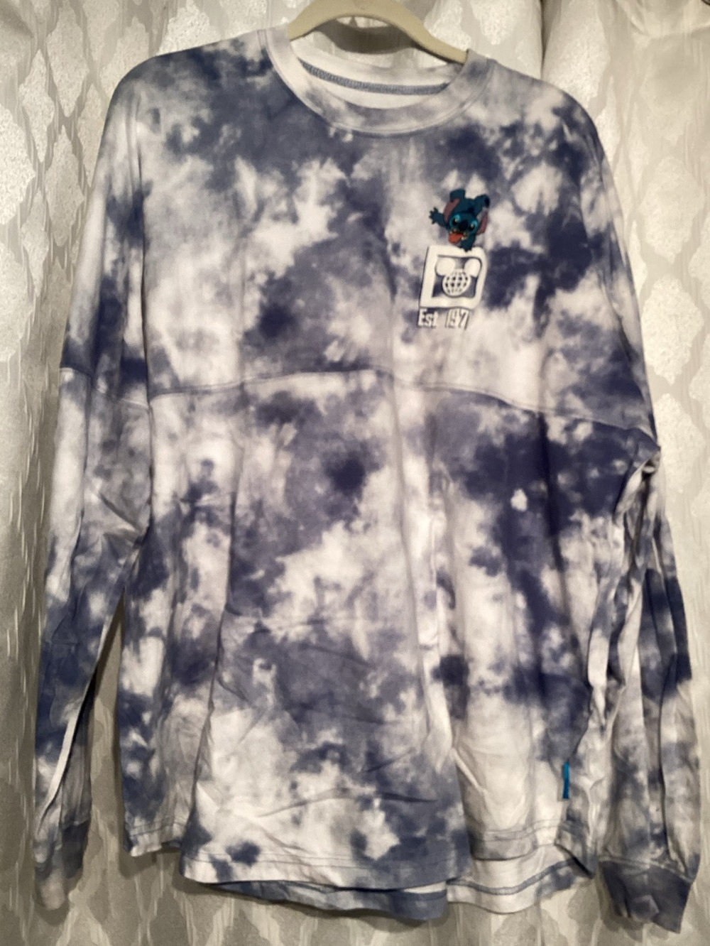 Adult Disney Tie-Dye Long Sleeve Tee in Navy & White with Stitch Patch